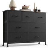 Sweetcrispy 7 Drawer Dresser with Fabric Bins Fabric Storage Tower Organizer for Bedroom Closet Hallway Entryway Tall Chest of Drawers with Steel Frame Wood Top Easy Pull Handles,Black