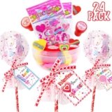 Valentines Day Gifts for Kids – 24 Pack Giant Lollipop-Shaped Stationery Set with Valentine’s Cards Pencils Stickers Erasers Stampers Sharpener for Classroom Exchange School Boys Girls Party Favors