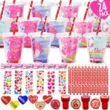 Valentines Day Gifts for Kids – 24 Pack Valentines Day Stationery Gift with Cards Pencils Stickers Erasers Stampers Sharpener Cups Classroom Prize School Exchange Boys Girls Party Favors