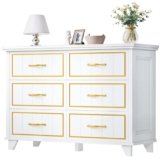 DWVO Farmhouse Wooden Dresser TV Stand with Power Outlet, 6-Drawer Dresser with Large Storage Drawers and Bar Handles, Ideal for Living Room, Hallway, 47.2″ L x 15.7″ W x 33.4″ H – White & Walnut