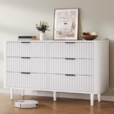 DWVO 6 Drawer Dresser with Waveform Fluted Panel, Wider Modern Closet Dressers Chest of Drawers, Wood Storage Dresser Organizer for Dorms, Flats, Hallways, White