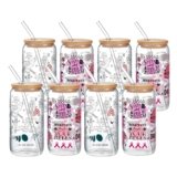 16oz Christmas Glass Tumbler with Bamboo Lid and Glass Straw, 8 Packs Iced Beer Coffee Cups Drinking Glasses with 3 Cleaning Brushes, Holiday Thank You Gifts for Employee Coworkers Friends Families