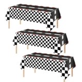 3 PCS Race Car Table Cloth Cars Disposable Plastic Tablecloth Black Checkered Flag Table Cover Racetrack Rectangular Tablecloths for Racing Theme Birthday Party Decorations, 54 x 108 Inch