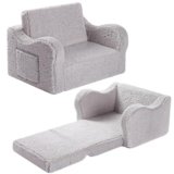 MOMCAYWEX Kids Sofa, 2-in-1 Flip-Out Foam Couch with Soft Sherpa Cover, Cozy Play Lounge Chair, Grey