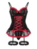 Foxiny Sexy Mesh Corset Ruffle Lace Up Underwire Sheer Garter Belt Babydoll Lingerie Set With Thong 3 Piece Women Cosplay Bustier Bodysuit Top See Through Underwear Black Red X-Small
