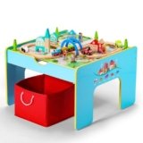 SainSmart Jr. Wooden Train Activity Table 116pcs, 3-in-1 Kids Playset with Large Building Blocks, Track Set and Reversible Top for Toddlers