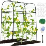 7ft Cucumber Trellis for Raised Bed, Garden Arch Trellis for Climbing Plants Outdoor Indoor, Metal Trellis Support with Net for Vegetables Tomato Zucchini Squash Beans Peas Melons, Rose Flowers,Vines
