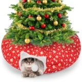 Cinnvoice Christmas Cat Tunnel Bed Under 2.62 ft Christmas Tree Skirt with Ball for Indoor Cat Xmas Red Pet Donut Tunnel with Washable Circle Cushion Foldable Gift for Kitten Puppy Rabbit(Santa Claus)