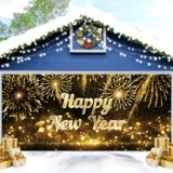 2026 New Year Garage Door Cover Decorations Banner Backdrop,Holiday Garage Door Cover Banner,Black and Golden Glitter Night Scene Firework 2 Car Garage Door Cover for Outdoor Holiday Decoration 7x16ft