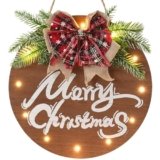 HOMCDALY Merry Christmas Sign for Front Door, Wooden Hanging Sign Door Decoration with 12 LED Light, Winter Welcome Wreath indoor outdoor Décor, Christmas Decoration.