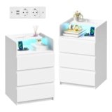 ANWBROAD Comodino Con Presa Elettrica Illuminazione a Striscia LED,3 Cassetti e 1 Ripiano Comodino Moderno Tavolino Tavolino da Camera da Letto Tavolino da Salotto (2, Bianco) BNS014W