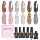 Beetles Glitter Gel Nail Polish, 6 Colors Holographic Sparkle Glitter Winter Gel Polish Flash Diamond Sliver Gold Red Black UV LED Soak Off Manicure Gift for Women