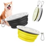 Pawaboo Collapsible Dog Bowls 2 Pack, Silicone Feeding Watering Bowls with Lids & Carabiners for Dogs Cats, Portable Water Feeder Food Bowl for Walking Traveling Home Use, Yellow + Black