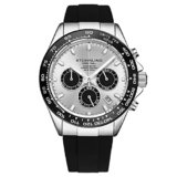 Stuhrling Aquamaster Quartz Chronograph Watch Silver Dial Screw Down Crown Luminous Hands, Ceramic Bezel, Black Rubber Band for Men 42mm Case Date Water Resistance (Silver)