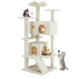 DUMOS 54-inch Indoor Cat Tree Tower –Multi-Level Pet House for Large Cats with 2 Condos, Scratching Posts, Round Platform, Small Ladder, and Toys, Beige