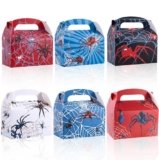 SAVITA 30pcs Spider Party Boxes, 6 Styles Double Sided Spider Web Gift Goodie Candy Boxes with Handle Treat Bags Funny Red Blue White Black Design Ideal Decorations and Party Favors