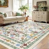 Deerly Boho Floral Rug 6×9 Vintage Colorful Washable Non-Slip Living Room Carpet Soft Low Pile Thin Bedroom Floor Mat Indoor for Dining Room Playroom Nursery Farmhouse, Beige/Green/Multi