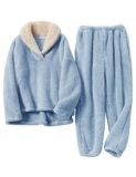 Flygo Women Fuzzy Warm Fleece Pajamas Sets Winter Flannel Sleepwear Fluffy Pajama Pullover Top Lounge Pants Set(Blue-L)