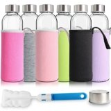YEBODA Glass Water Bottles 18oz Bottles For Beverage and Juicer Use Stainless Steel Caps – Including Colorful Nylon Protection Sleeve,Pack Of 6
