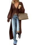 Saodimallsu Womens Long Cardigans V Neck Button Down Chunky Knit Dusters Sweater Coat Fall Trendy Maxi Sweater Dress Brown