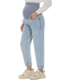 POSHGLAM Women’s Maternity Jeans Over Belly Comfy Stretch 28” Boyfriend Jeans Loose Pregnancy Pants(Light Blue, Medium)