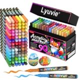Lyuvie Set di 90 Colorati pennarelli acrilici a base d’acqua, pennarelli permanenti per pittura su roccia, pietra, legno, carta, tessuto, ciottoli, vetro, plastica