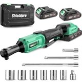 ShieldPro 20V Cordless Ratchet Wrench Set – 3/8″ Electric Power Ratchet Kit with 400RPM, LED Work Light, and 2 Batteries, Fast Charger, Sockets, Adapters and Extension Bars (Green)
