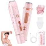 2 in 1 Bikini Trimmer for Women, Dual Head Electric Shaver with LED Display, IPX7 Waterproof Body Pubic Hair Trimmer Rechargeable Womens Electric Razor for Armpit Leg Body Facial (Pink)