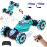 Gesture Sensing RC Stunt Car, 4WD Hand Controlled & Remote Control Twist Car with Light & Music, 360° Rotating, Road & Off-Road Modes Rc Cars Best Gifts for KIids 8+ Year Old (Lake green – 2 Battery)