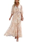 ANRABESS Womens 1/2 Sleeve Beach Wedding Guest Maxi Dresses 2025 Fall Wrap V Neck Boho Floral Flowy Slit Long Summer Dresses Floral Yellow White XX-Large