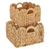 FairyHaus Wicker Basket 2Pack, Scalloped Wicker Storage Basket with Handles, Handwoven Natural Water Hyacinth Bakests for Storage, 11 x 11 x 7″ & 9.45 x 9.45 x 6.5″ (L+M)