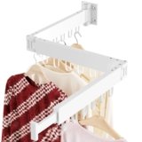 JAUREE Wall Mounted Clothes Drying Rack, Foldable & Collapsible Laundry Drying Rack, Space Saving Tri-Fold Retractable Dryer with 18 Hooks for Indoor & Outdoor, White