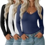 Huukeay 3 Pack Women’s Deep V Neck T Shirts, Long Sleeve Slim Fitted Tops Casual Fall Basic Tee Shirts 2025 Stylish Clothes(Black, White, Haze Blue,X-Large)