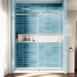 56-60″Wx72″H Frameless Reversible Single Sliding Shower Door, 1/4″ Clear SGCC Tempered Glass& Shatter Proof Film , 304 Stainless Steel Hardware, Water Protection Seal Plus Glass-fixing Aluminum Stripe