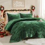 SHALALA Luxury Velvet Quilt Set Queen Size,Ultra Soft Lightweight Summer Velvet Comforter Set, Oversized Bedspread Coverlet with 2 Shams Geometries Pattern,for All Season(Evergreen,Queen)