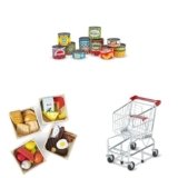 Melissa & Doug Pretend Grocery Set: 10 Play Food Cans with Lids, 21 Wooden Food Pieces with 4 Crates, and Metal Shopping Cart with Working Wheels