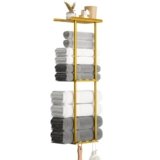 KISENG Towel Racks for Bathroom, 3 Tier Metal Towel Holder, with Shelf & 6 Hooks, 29 inch Wall Mounted Towel Storage, 6 Large Bath Towels Capacity,Small Bathroom Towel Rack for Rolled Towels, Gold