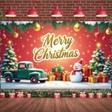 Merry Christmas Backdrop Decorations Snowman Green Truck Xmas Banner Photo Booth Props Background Photography for Winter Merry Christmas Holiday Family Party New Year Eve Supplies Decor Indoor Outdoor