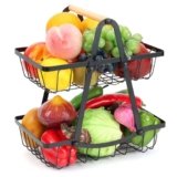 2 Tier Fruit Basket, Detachable Metal Fruit Bowl Holder Vegetable Basket Stand with Wood Handle for Kitchen Counter, Large Capacity Fruit Storage Stand Organizer for Produce Bread Snack, Black