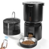 Auveach Distributore Automatico Cibo Gatti e Fontanella Set – 4L 2.4G WiFi Dispenser Crocchette Gatto con Timer Programmabile 1-10 Pasti al Giorno, Ciotola Inox 304, 2.2L Fontana per Gatti (Nero)