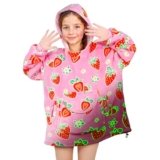 Strawberry Wearable Blanket Hoodie – Oversized Pink Blanket Sweater Strawberry Glow in the Dark Blankets with Giant Pockets and Sleeves, Birthday Gifts for 6-12 Year Old