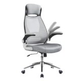 SONGMICS Sedia da Ufficio, Poltrona Girevole, con Braccioli Ribaltabili, Poggiatesta e Supporto Lombare, Inclinazione ad Oscillamento, Superficie in Rete, Grigio Tortora OBN86G01
