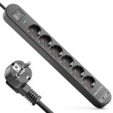 deleyCON 5m Ciabatta Elettrica a 6 Scomparti con Ciabatta USB – 6x Prese di Contatto di Protezione 2x Presa di Ricarica USB-A – Protezione da Sovratensione Interruttore ON/OFF Nero