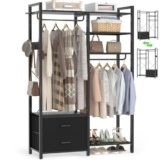 iSunirm Cabina Armadio Componibile Stand Appendiabiti Aperto con 2 Cassetti, Armadio Guardaroba 115x40x200cm Robusto, Stender Appendiabiti con 2 Aste e Ripiani Regolabili, Ideale per Camera