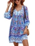 Bluetime Women Casual Summer Dress Boho V Neck 3/4 Sleeve Babydoll Floral Print Flowy Beach Dress (L, Very Peri)