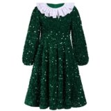 FYMNSI Toddler Girls Christmas Dress Sparkle Sequins Long Puff Sleeve Velvet Dress Detachable Ruffles Collar Kids Fall Winter Outfits Flower Girl Dresses Wedding Birthday Party Gowns Dark Green 3-4T