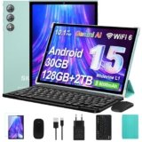 Tablet 10 Pollici Android 15 con Gemini AI, 30GB RAM 128GB+2TB Esp., Octa-Core, WiFi 6 BT 5.0, Widevine L1, Batteria 8000mAh, Fotocamera 8/5 MP, Tastiera Mouse Custodia, Corpo in Metallo – Verde
