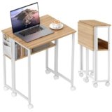 HOMCOM Scrivania Salvaspazio Pieghevole a Ribalta, 63x50x75 cm Scrivania Piccola con Ruote a Freno, Scaffale e Tasca Portaoggetti, Tavolo Computer Richiudibile per Casa, Studio e Ufficio, Color Legno