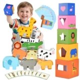 Montessori Stacking Toys for 2 3 4 5 Year Olds – with 60+ Educational Puzzles Ways to Play – Wooden Animal Number Blocks – Color Recognition & Nesting Boxes Game – Preschool Toddler STEM Learning Gift