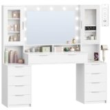 Hzuaneri 150 cm Postazione Trucco, 11 Luce LED, 3 Colori, Luminosità Regolabile, Presa di Corrente, 10 Cassettos, Deposito di gioielli, Ampia Capacità di Archiviazione, Bianco-Argento DT43703XEU